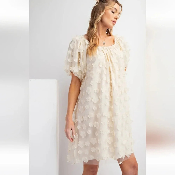 New! Easel Cream Floral Flower Applique Mesh Dress L - Picture 2 of 6